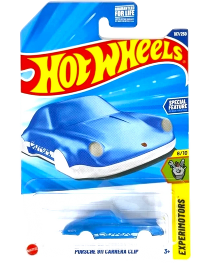 More Than Diecast Hot Wheels Porsche 911 Carrera Clip-A Experimotors die-cast toy car, blue and white two-tone, 1:64 scale.