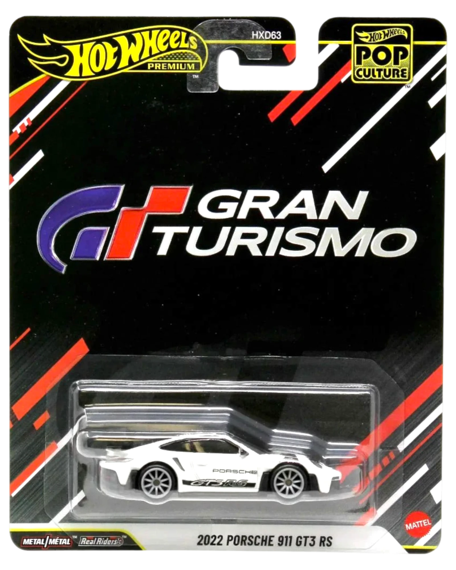 More Than Diecast 2022 Porsche 911 GT3 RS Hot Wheels Premium Pop Culture Gran Turismo die-cast car in white, mint on card.