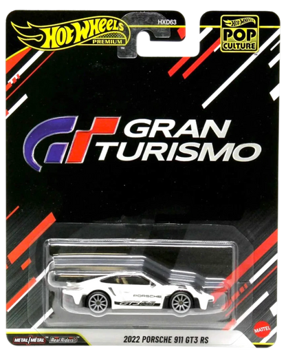 More Than Diecast 2022 Porsche 911 GT3 RS Hot Wheels Premium Pop Culture Gran Turismo die-cast car in white, mint on card.