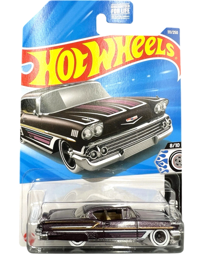 More Than Diecast Hot Wheels 58 Chevy Impala in purple, 1:64 scale die-cast with chrome accents and white wall tires.
