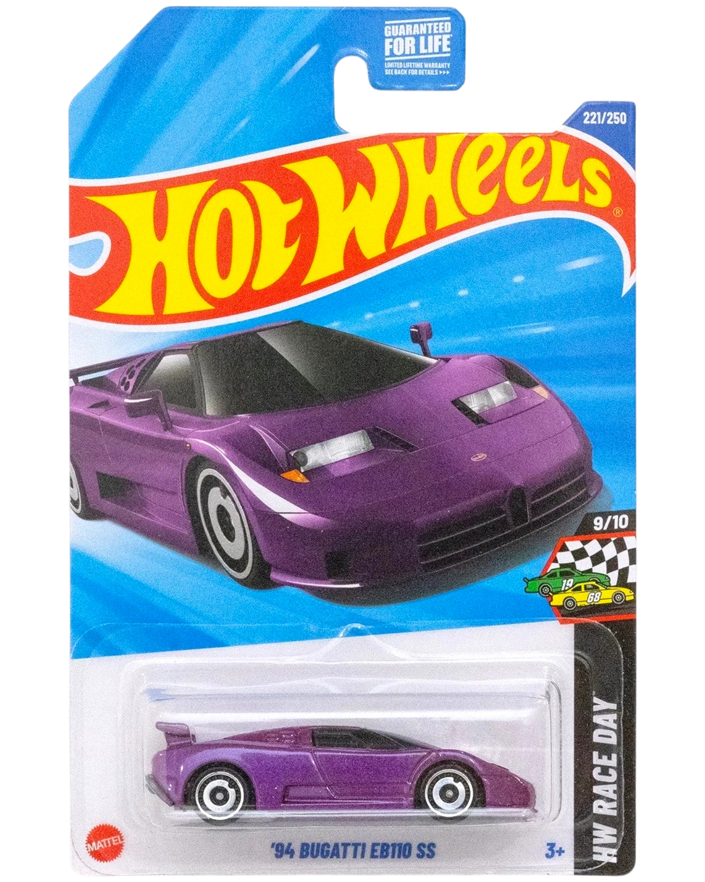 More Than Diecast Hot Wheels 1:64 scale purple Bugatti EB110 SS die-cast model car in packaging.