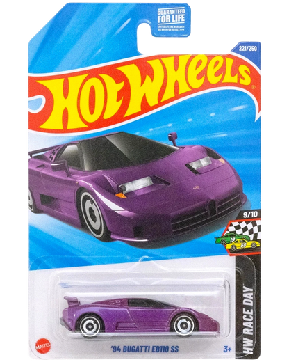 More Than Diecast Hot Wheels 1:64 scale purple Bugatti EB110 SS die-cast model car in packaging.
