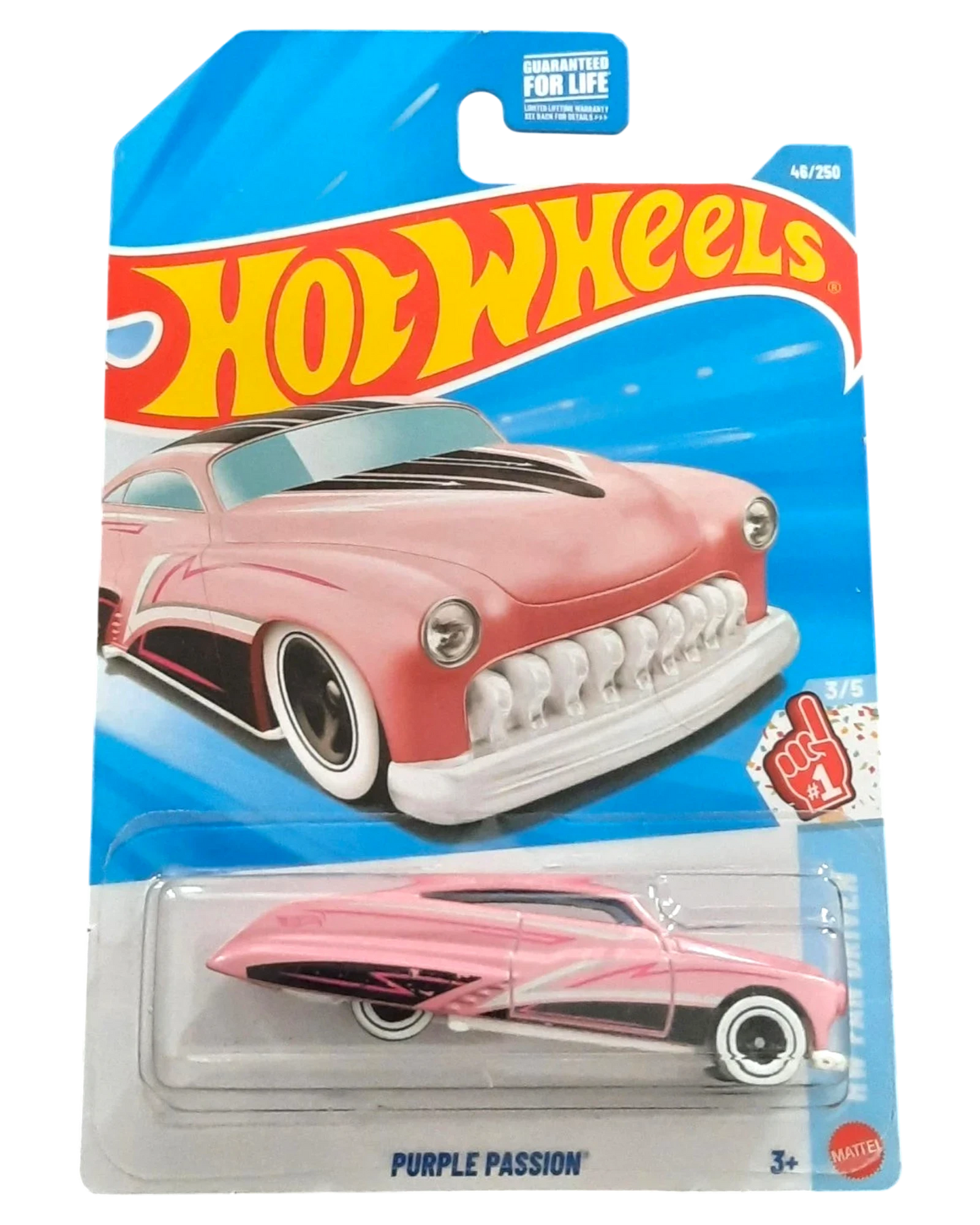 More Than Diecast Hot Wheels Purple Passion 1:64 scale die-cast car in hot pink with black accents and whitewall tires.