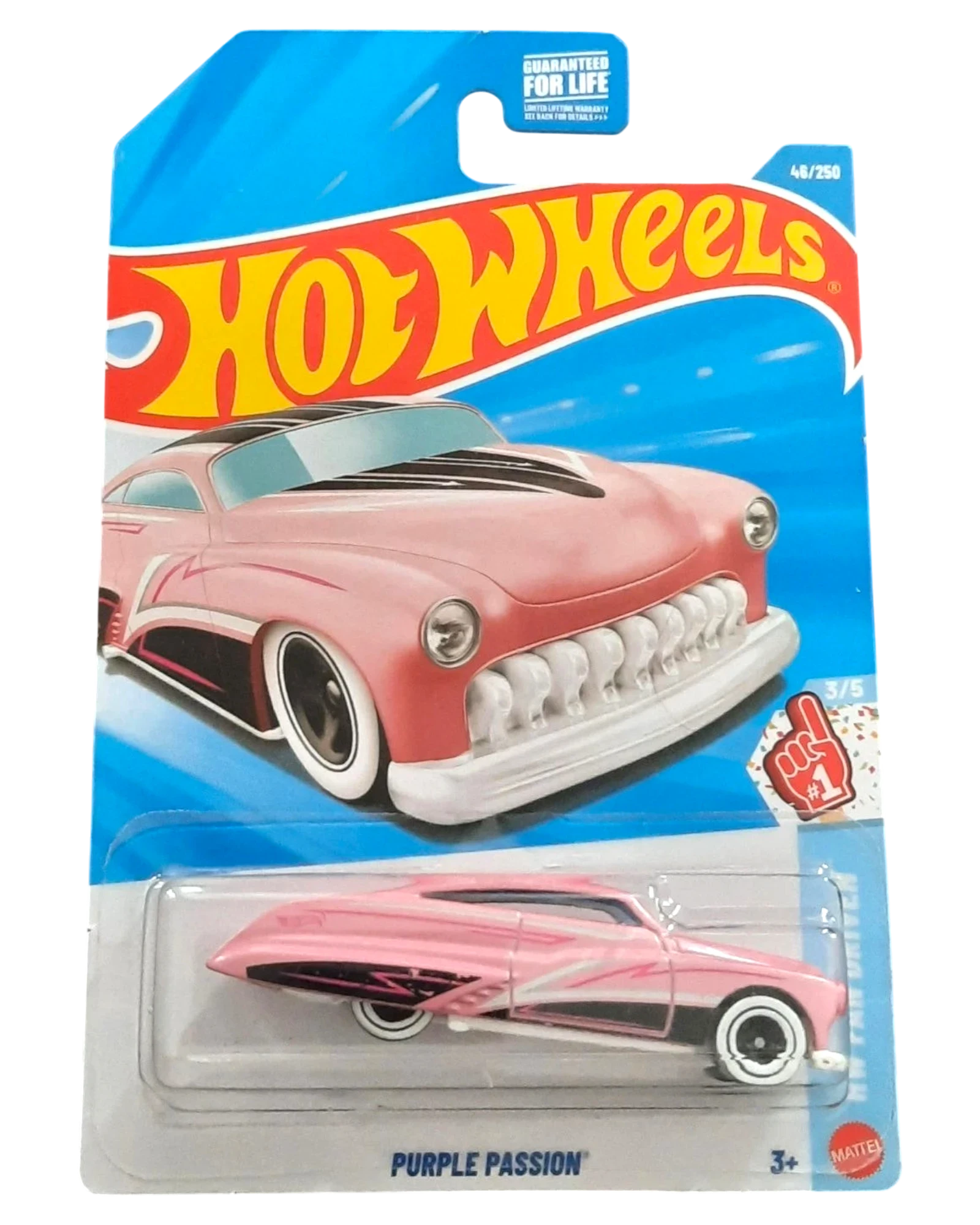 More Than Diecast Hot Wheels Purple Passion 1:64 scale die-cast car in hot pink with black accents and whitewall tires.