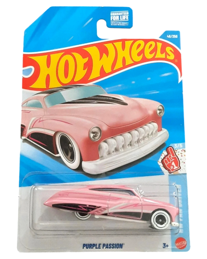 More Than Diecast Hot Wheels Purple Passion 1:64 scale die-cast car in hot pink with black accents and whitewall tires.