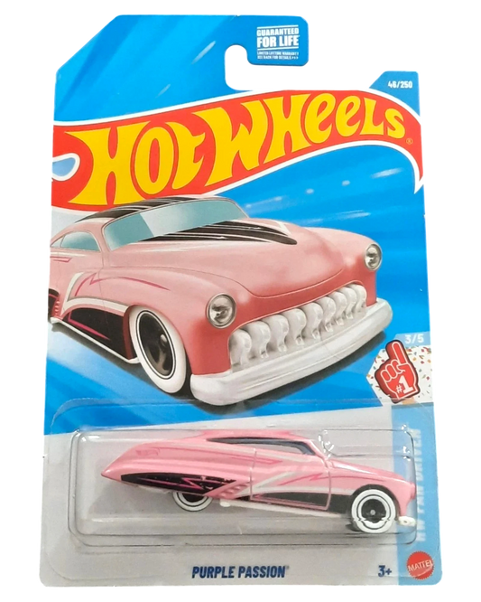 More Than Diecast Hot Wheels Purple Passion 1:64 scale die-cast car in hot pink with black accents and whitewall tires.