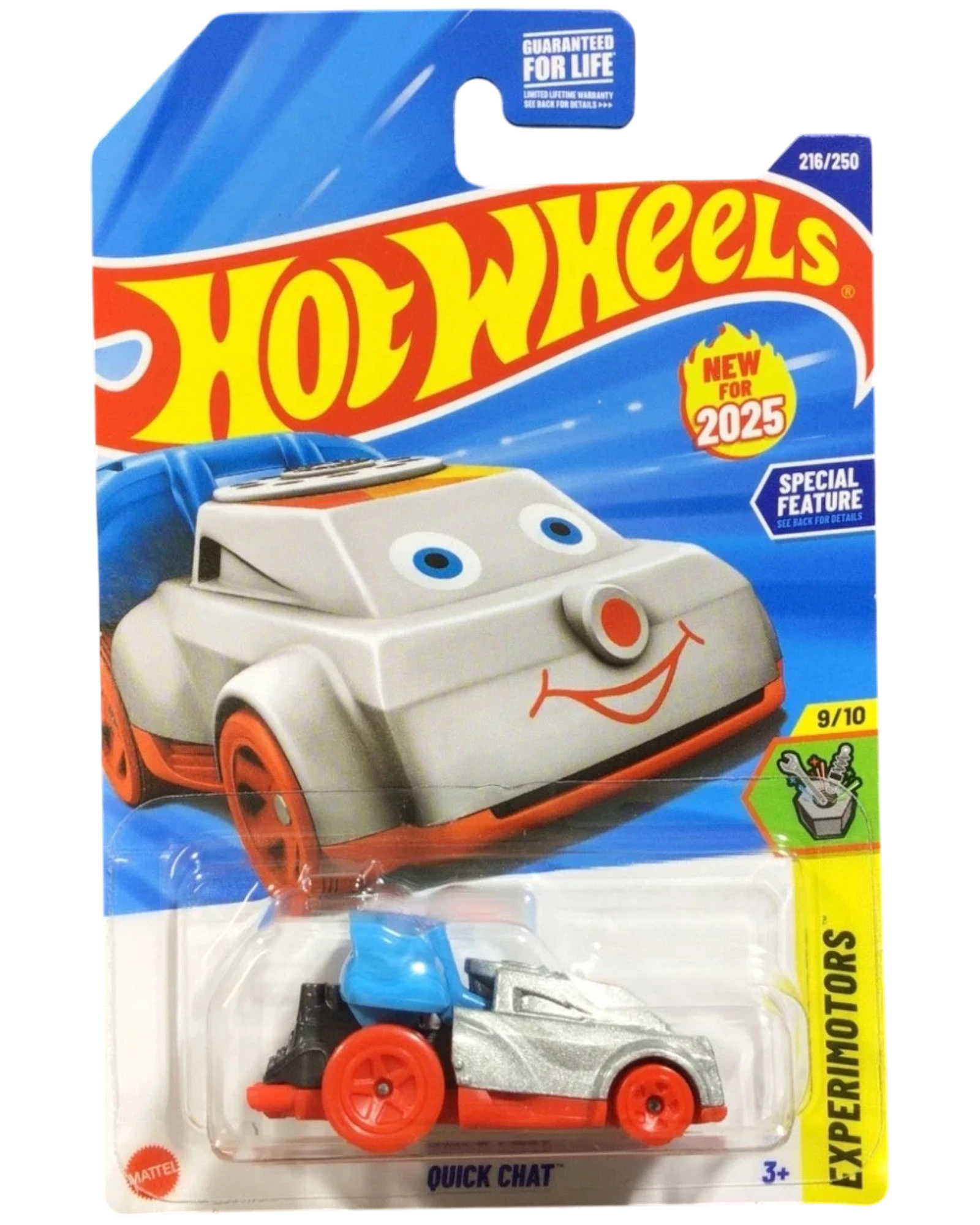 More Than Diecast Hot Wheels Quick Chat toy phone, a silver and orange car with blue accents and a smiling face.