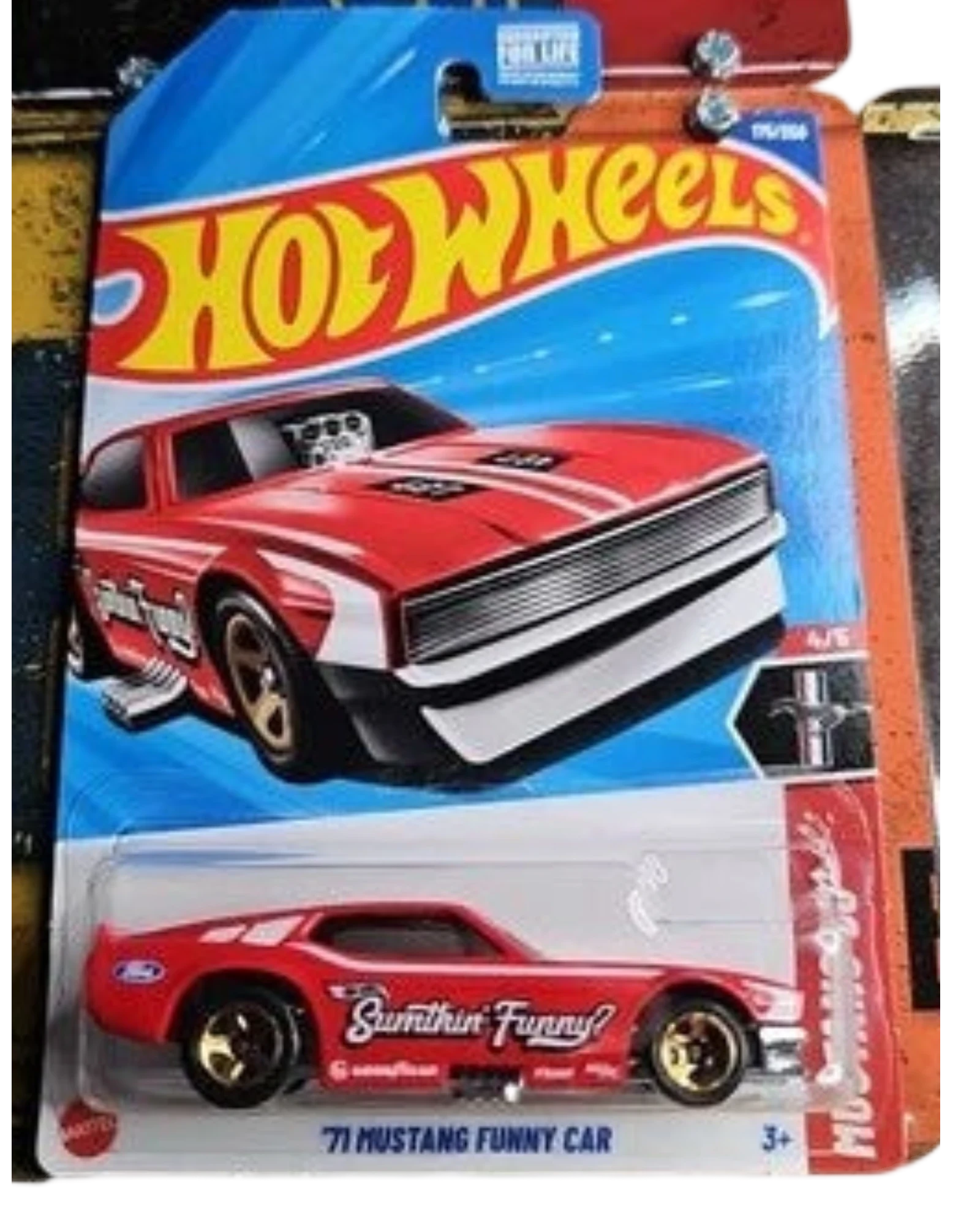 More Than Diecast Hot Wheels 1971 Mustang Funny Car in red with white racing stripes and gold wheels. Part of the Mustang 60th anniversary series.