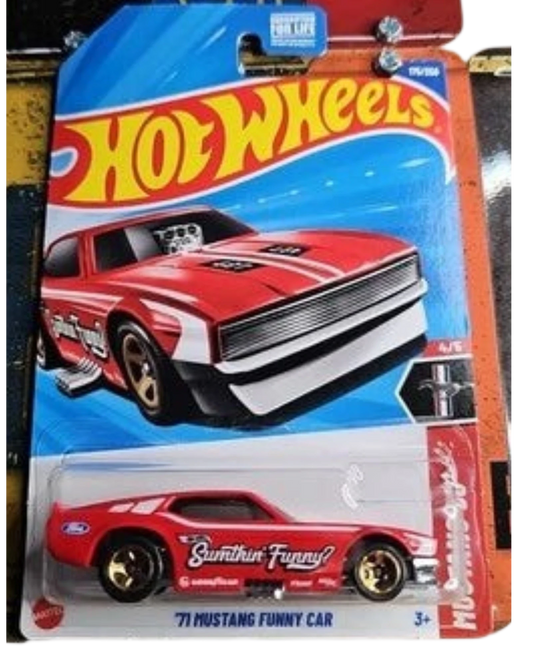 More Than Diecast Hot Wheels 1971 Mustang Funny Car in red with white racing stripes and gold wheels. Part of the Mustang 60th anniversary series.