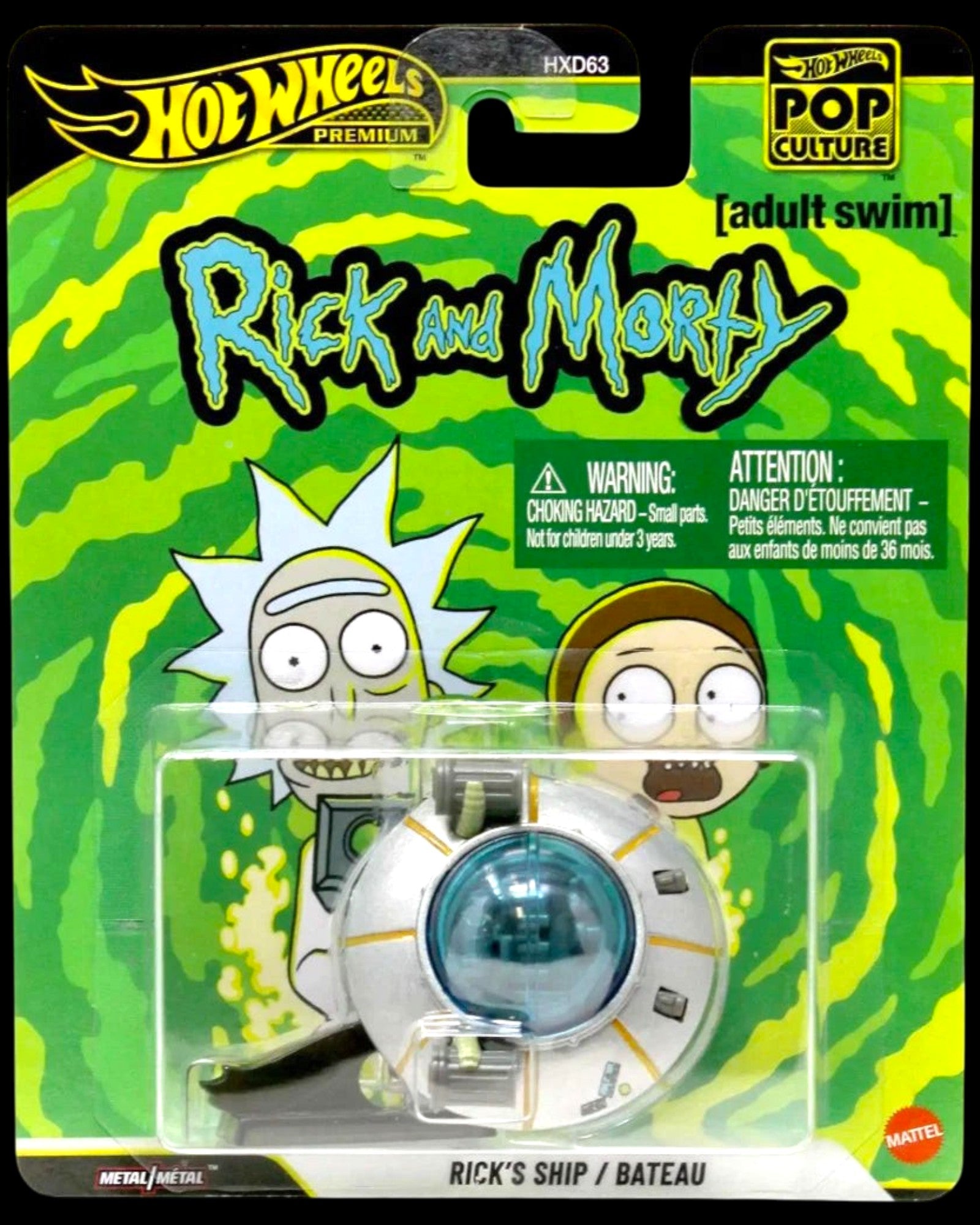 More Than Diecast Hot Wheels Premium Pop Culture Rick's Ship toy car, silver with blue dome, inspired by Rick and Morty.
