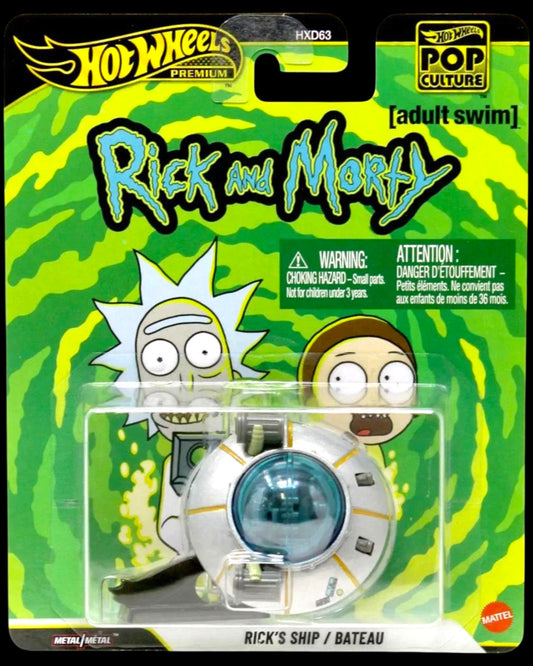 More Than Diecast Hot Wheels Premium Pop Culture Rick's Ship toy car, silver with blue dome, inspired by Rick and Morty.
