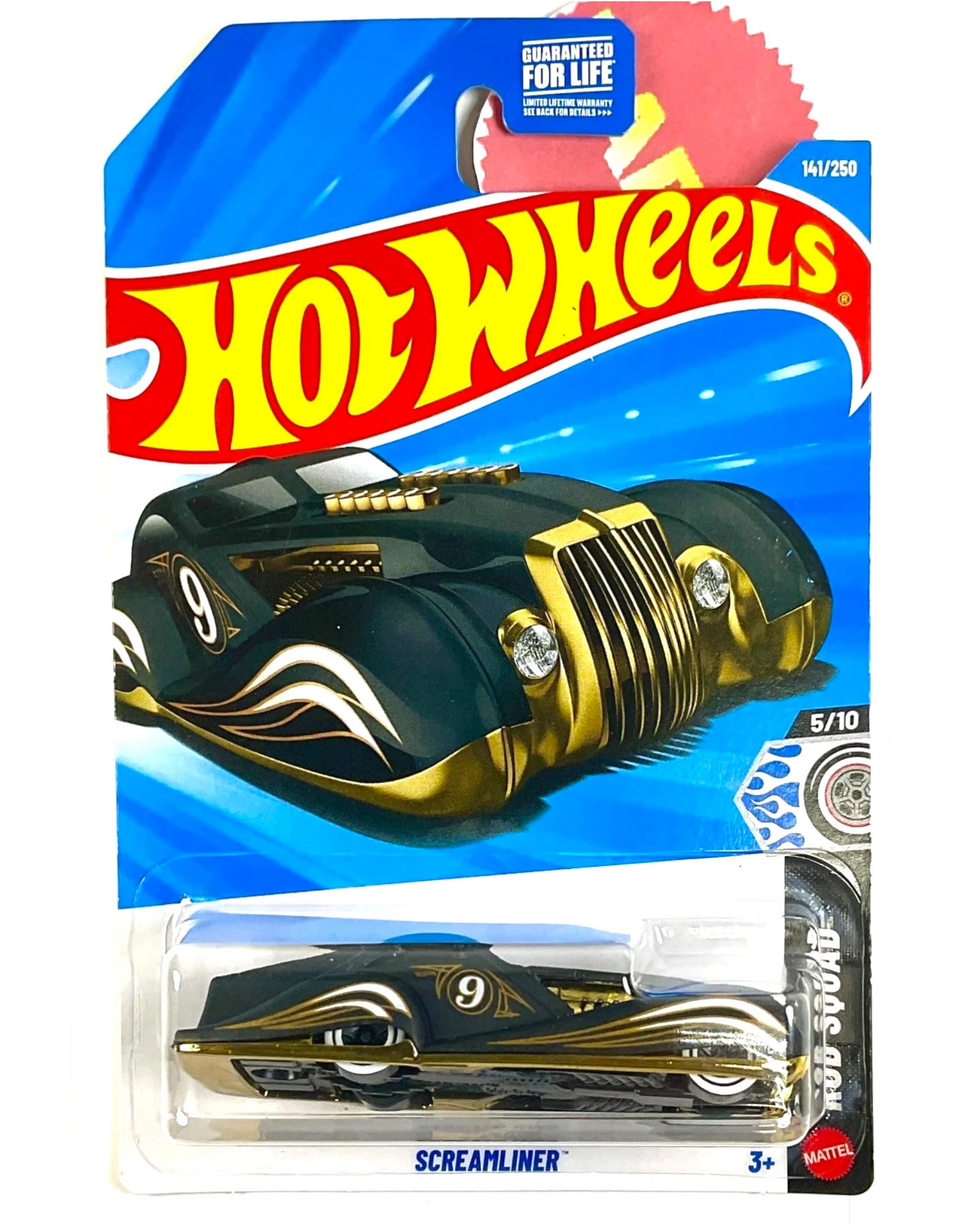 More Than Diecast Hot Wheels 2026 Screamliner die-cast car, black with gold accents, 1:64 scale, Rod Squad #141.