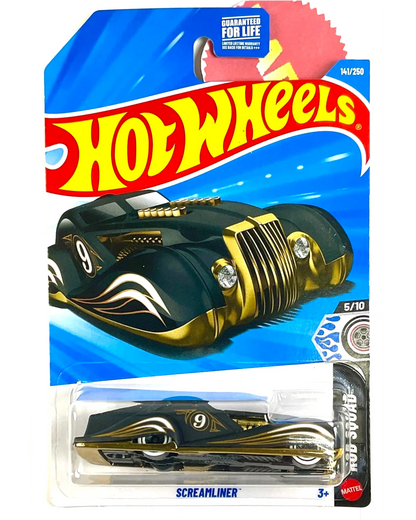 More Than Diecast Hot Wheels 2026 Screamliner die-cast car, black with gold accents, 1:64 scale, Rod Squad #141.