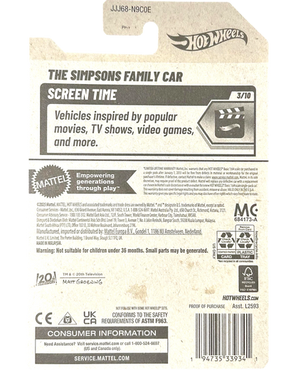 More Than Diecast Hot Wheels Screen Time The Simpsons Family Car, 3/10, 108/250 die-cast model with authentic graphics and durable metal body.