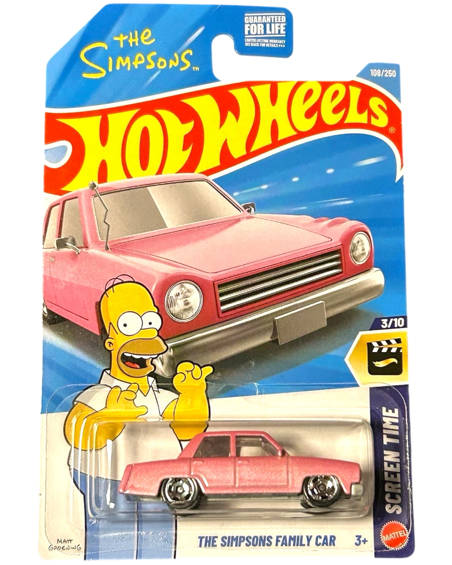 More Than Diecast Hot Wheels Screen Time The Simpsons Family Car, pink die-cast vehicle with chrome wheels, Homer Simpson graphic.