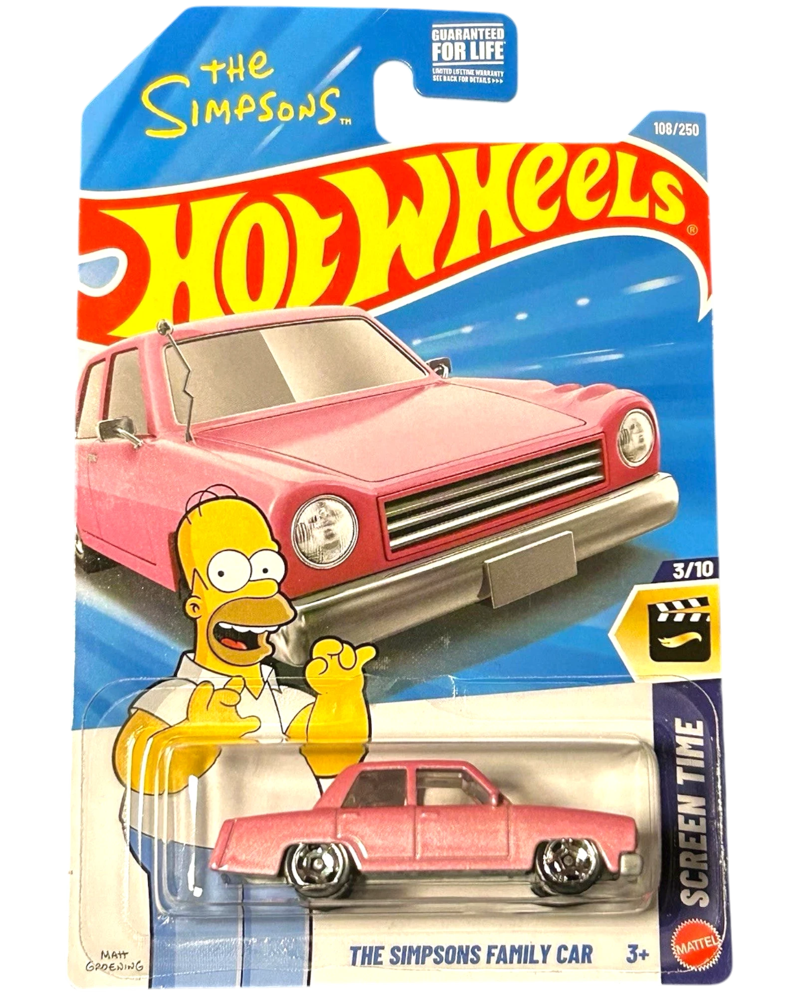 More Than Diecast Hot Wheels Screen Time The Simpsons Family Car, pink die-cast vehicle with chrome wheels, Homer Simpson graphic.