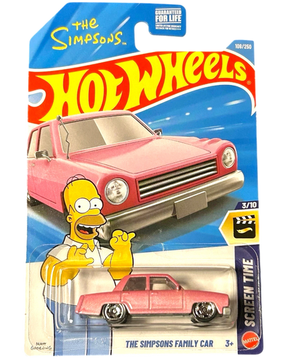 More Than Diecast Hot Wheels Screen Time The Simpsons Family Car, pink die-cast vehicle with chrome wheels, Homer Simpson graphic.
