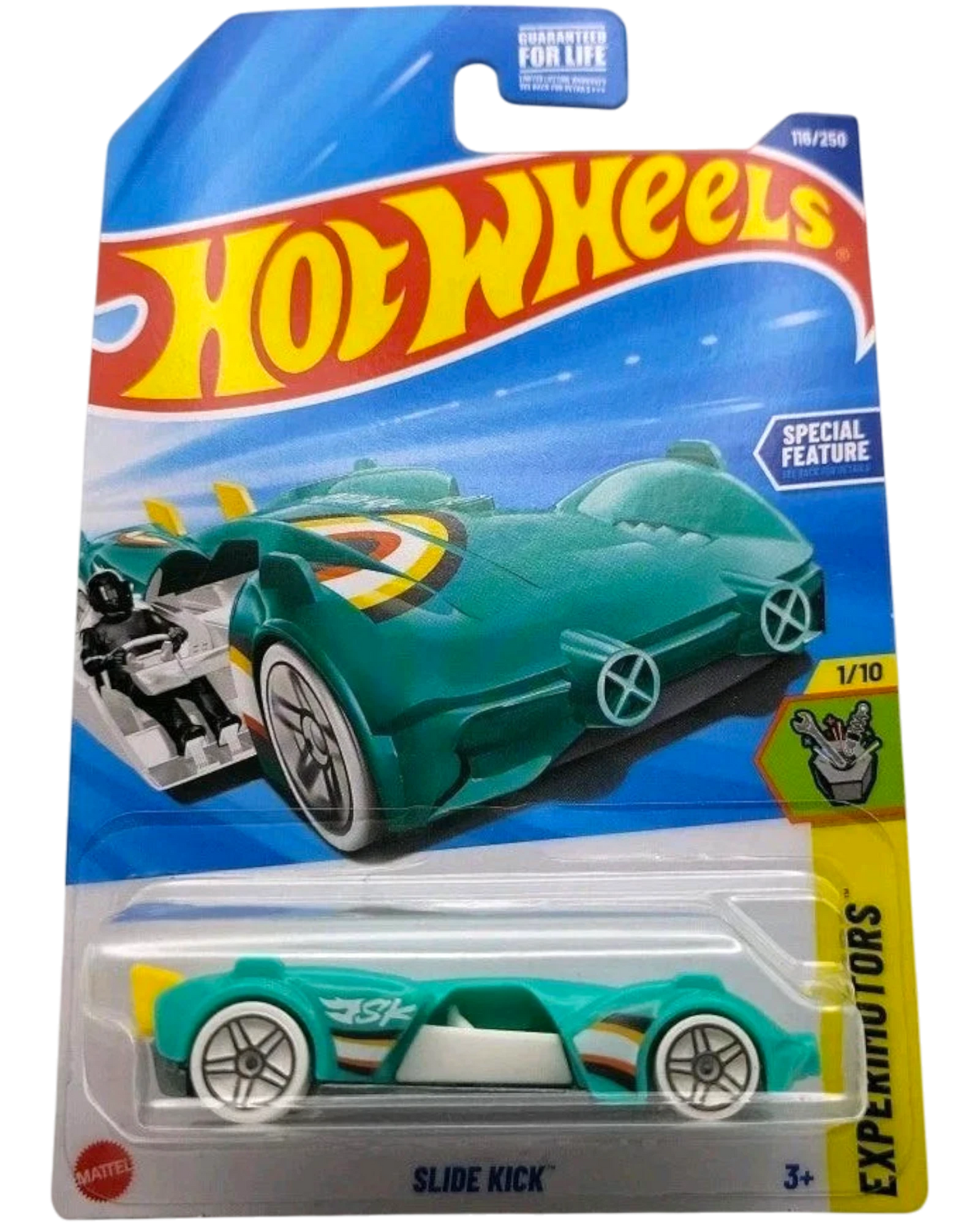 More Than Diecast Hot Wheels 2025 Slide Kick Experimotors 1:64 scale turquoise die-cast car in package with white wheels and yellow accents.