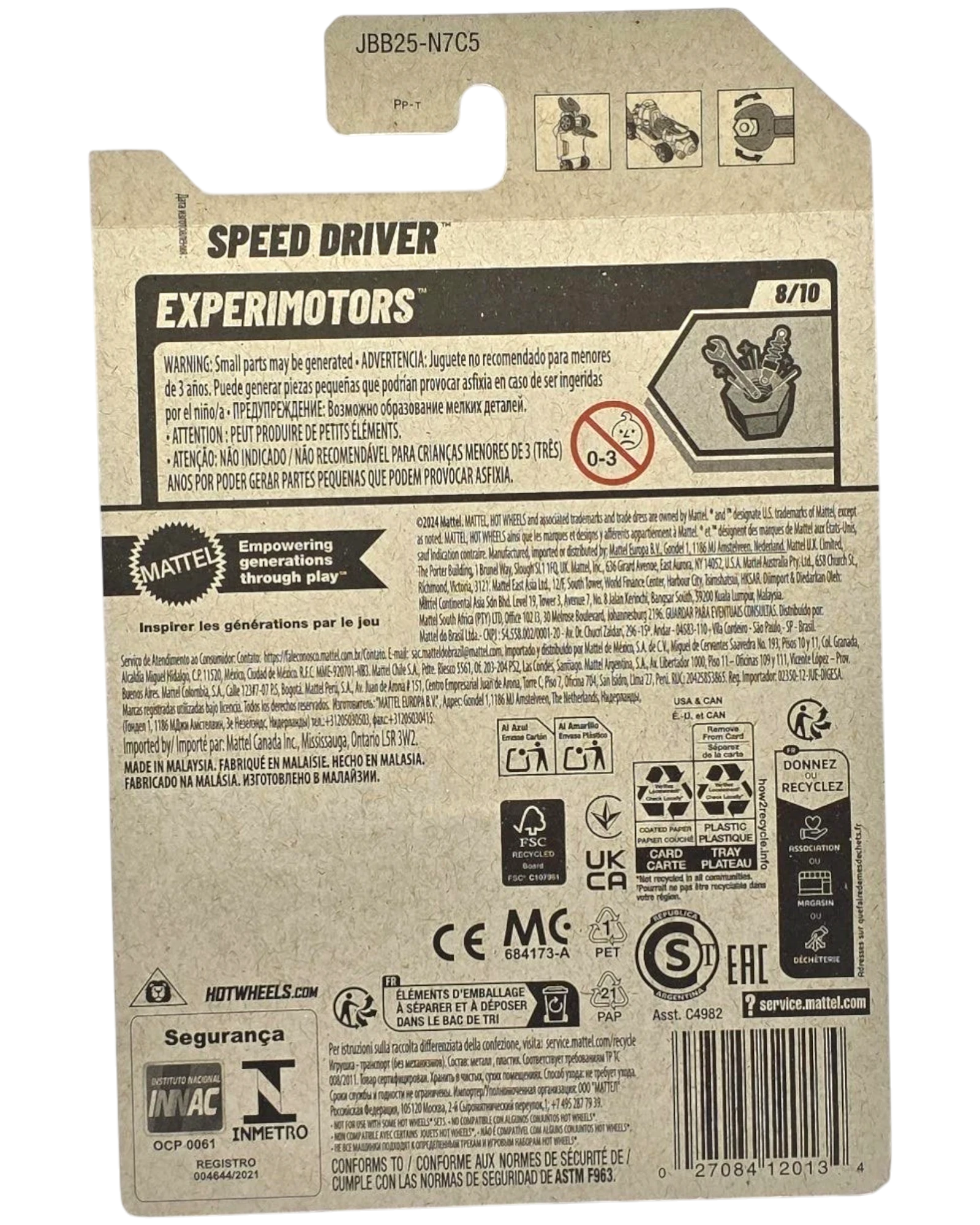 More Than Diecast Hot Wheels 2025 Experimotors Speed Driver die-cast car packaging with warning labels and product information.