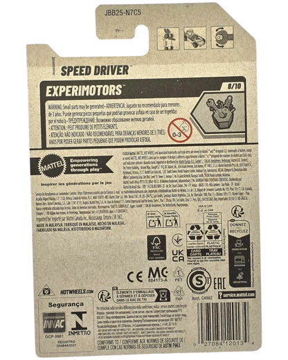 More Than Diecast Hot Wheels 2025 Experimotors Speed Driver die-cast car packaging with warning labels and product information.