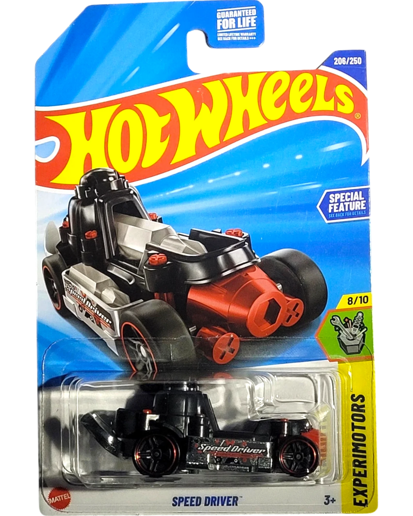 More Than Diecast Hot Wheels 2025 Experimotors Speed Driver toy car, black and red die-cast with special feature design, in blister pack.