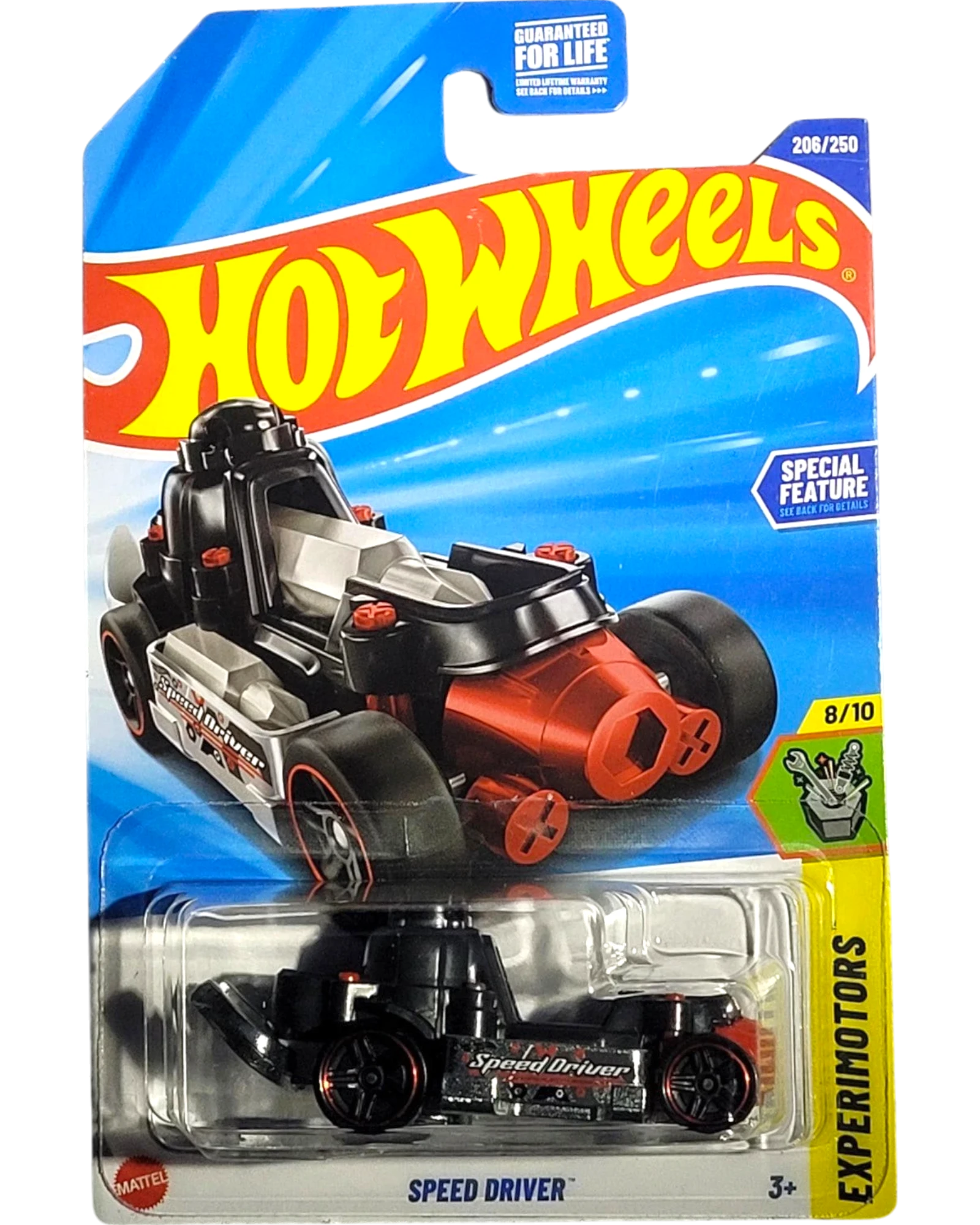More Than Diecast Hot Wheels 2025 Experimotors Speed Driver toy car, black and red die-cast with special feature design, in blister pack.