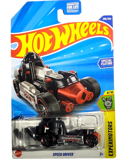 More Than Diecast Hot Wheels 2025 Experimotors Speed Driver toy car, black and red die-cast with special feature design, in blister pack.
