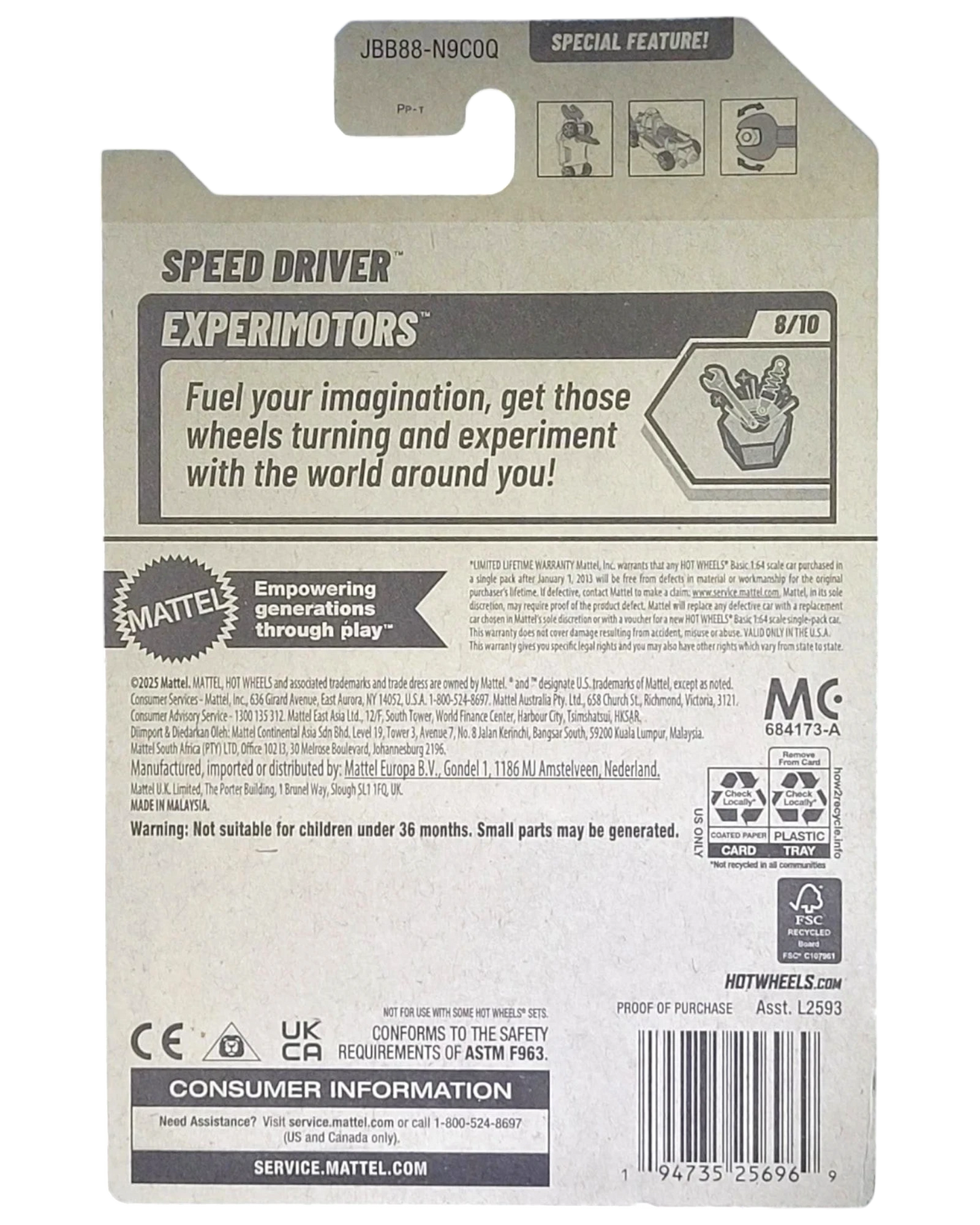 More Than Diecast Hot Wheels 2025 Experimotors Speed Driver #8/10 toy car packaging. Features a graphic of tools and a car.