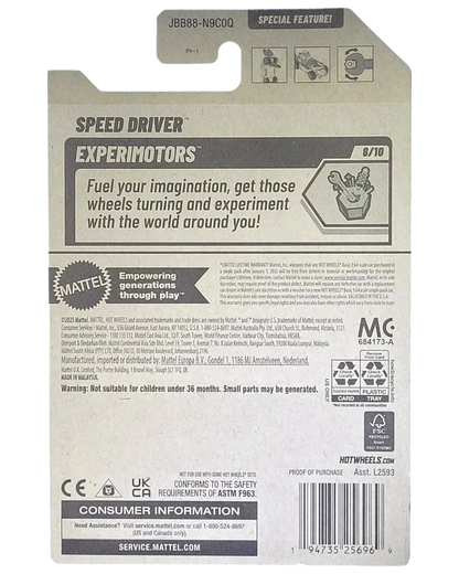 More Than Diecast Hot Wheels 2025 Experimotors Speed Driver #8/10 toy car packaging. Features a graphic of tools and a car.