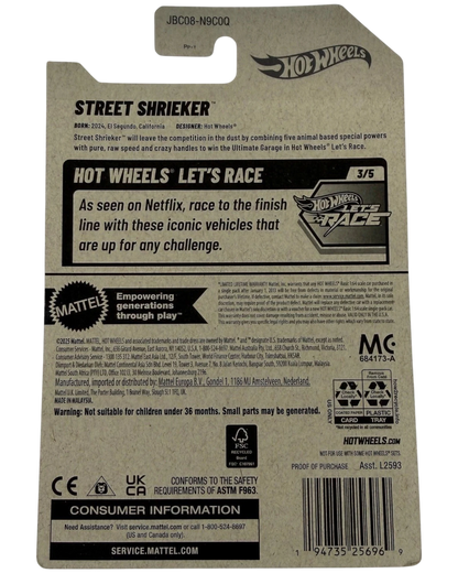 More Than Diecast Hot Wheels 2025 Street Shrieker, vivid blue die-cast toy car with lacquered finish and Netflix Let's Race graphics.