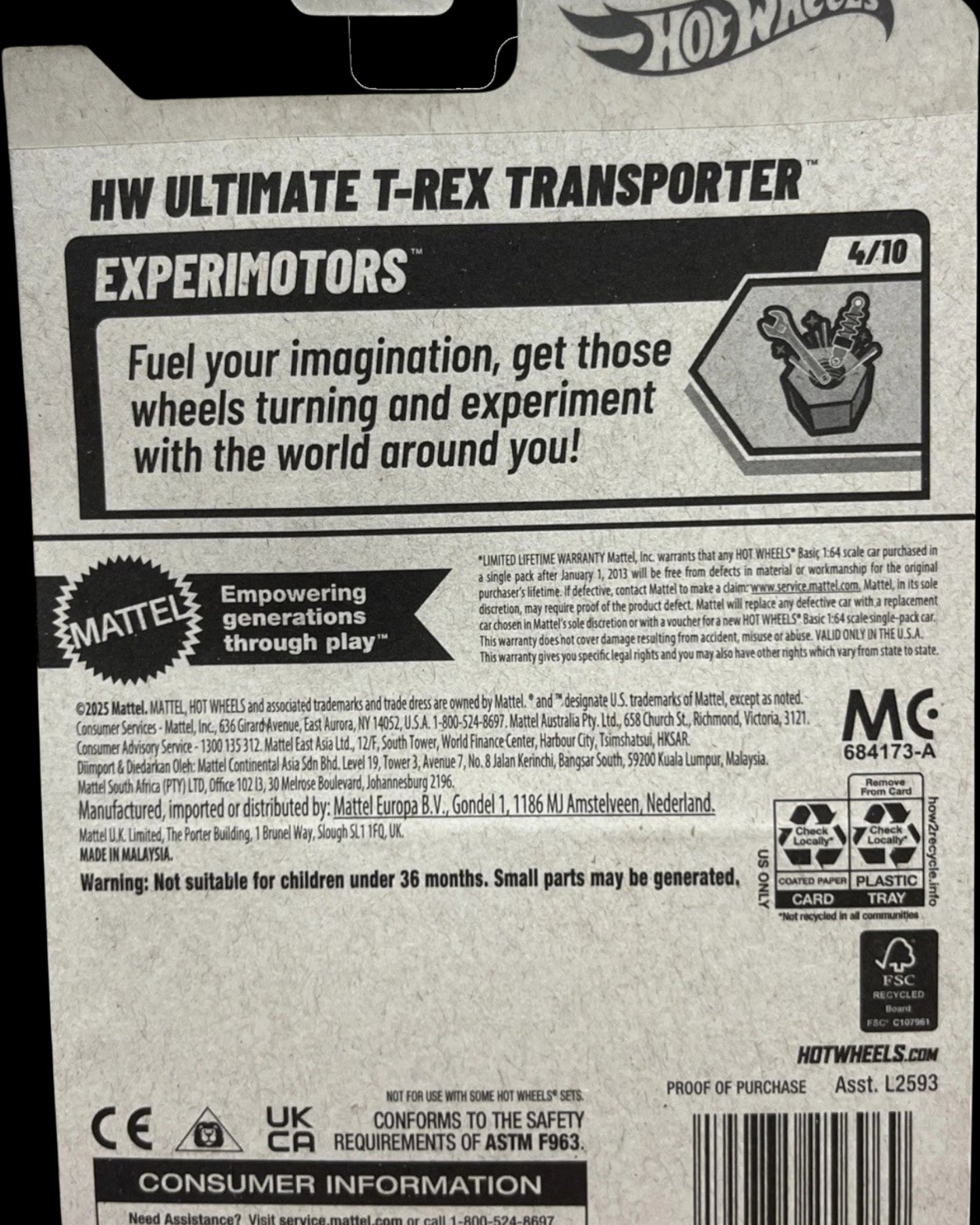 More Than Diecast Hot Wheels Experimotors T-Rex Transporter toy car packaging. Features bold text and graphics.