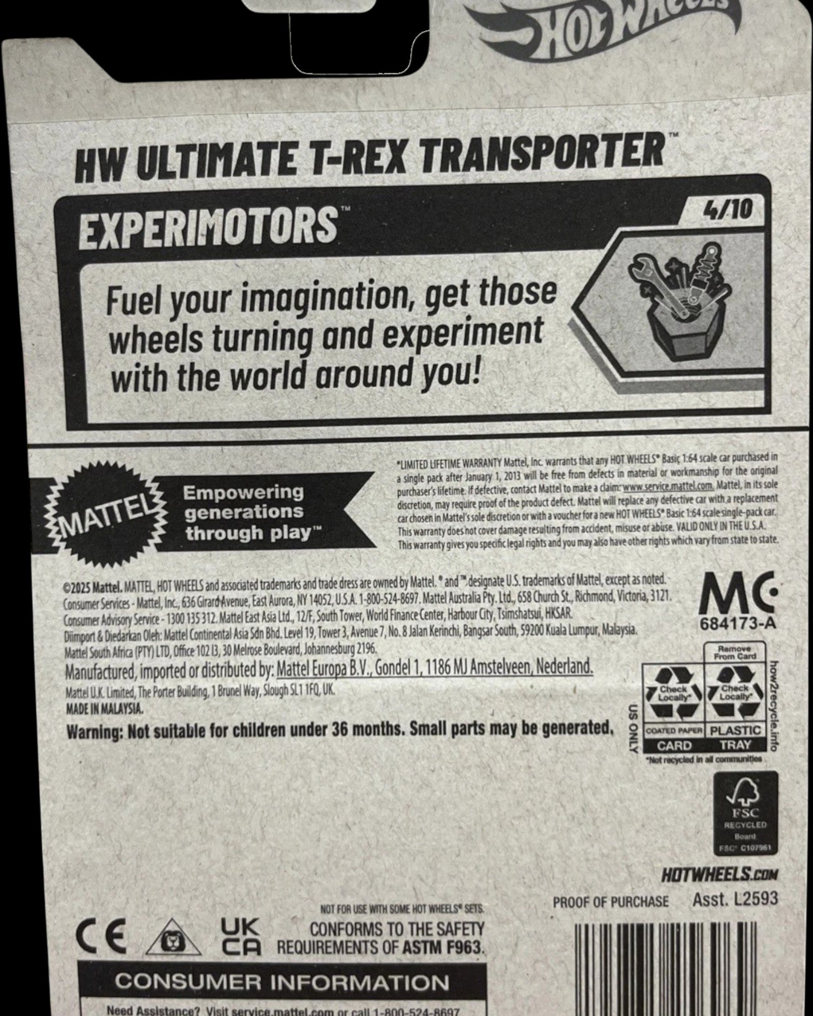 More Than Diecast Hot Wheels Experimotors T-Rex Transporter toy car packaging. Features bold text and graphics.