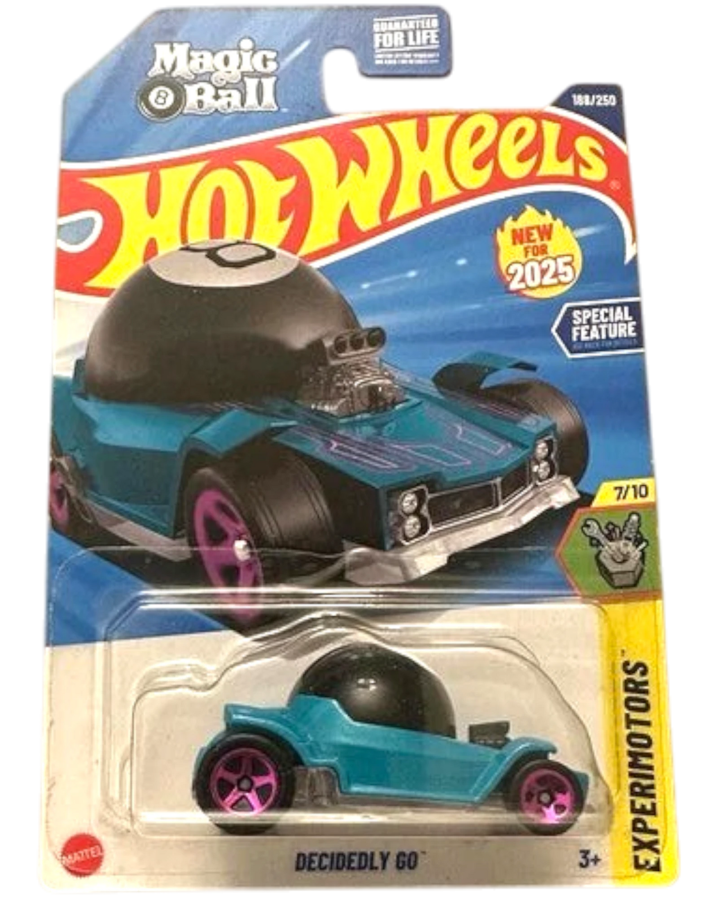More Than Diecast 2025 Hot Wheels Experimotors Decidedly Go teal die-cast car with pink wheels and a black Magic 8 Ball top.