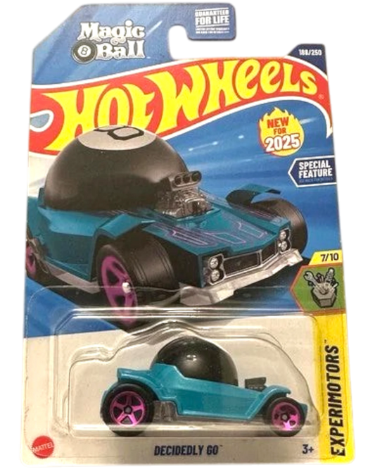 More Than Diecast 2025 Hot Wheels Experimotors Decidedly Go teal die-cast car with pink wheels and a black Magic 8 Ball top.