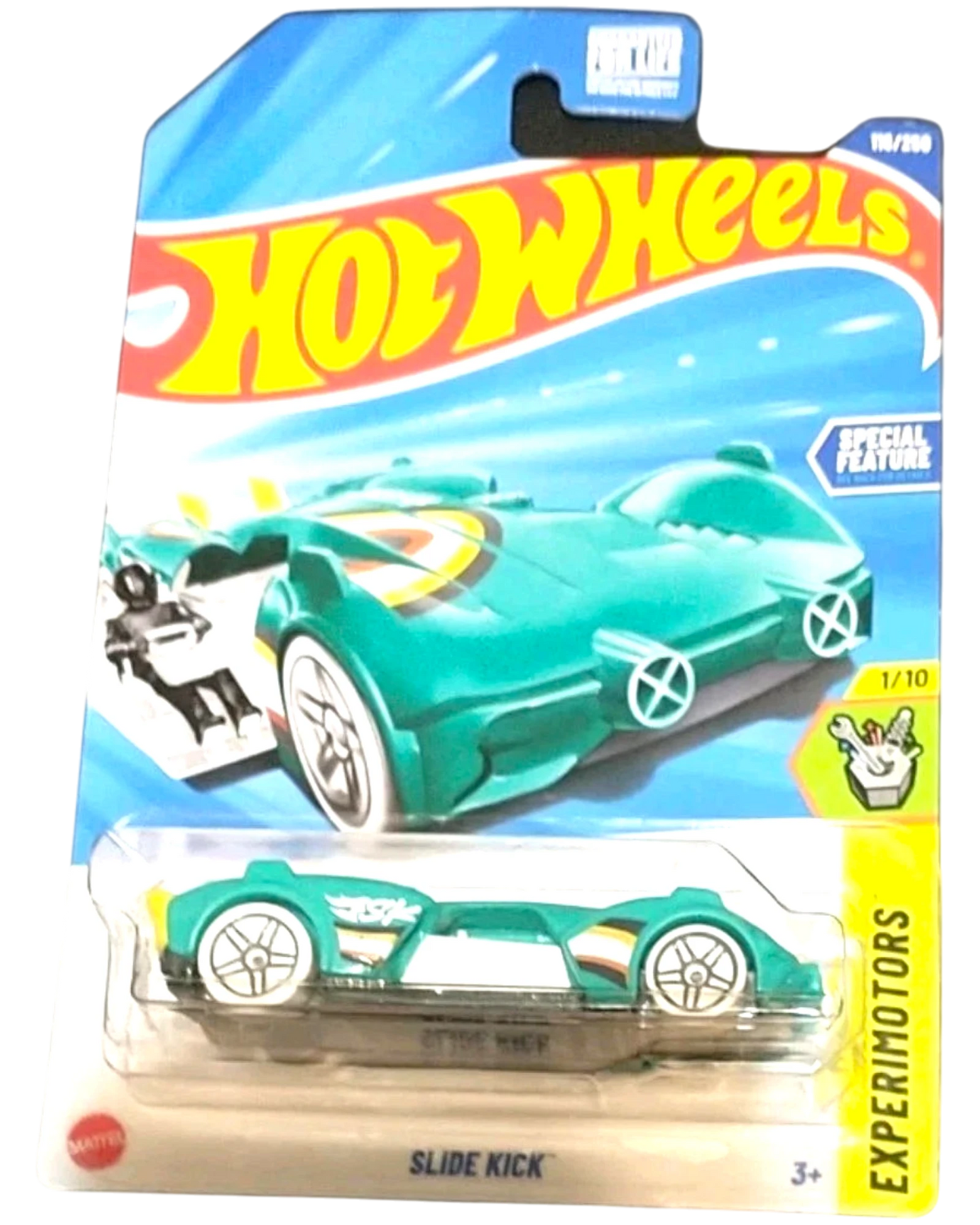 More Than Diecast Hot Wheels 1/64 scale teal Experimotors Slide Kick car with white wheels and yellow accents.