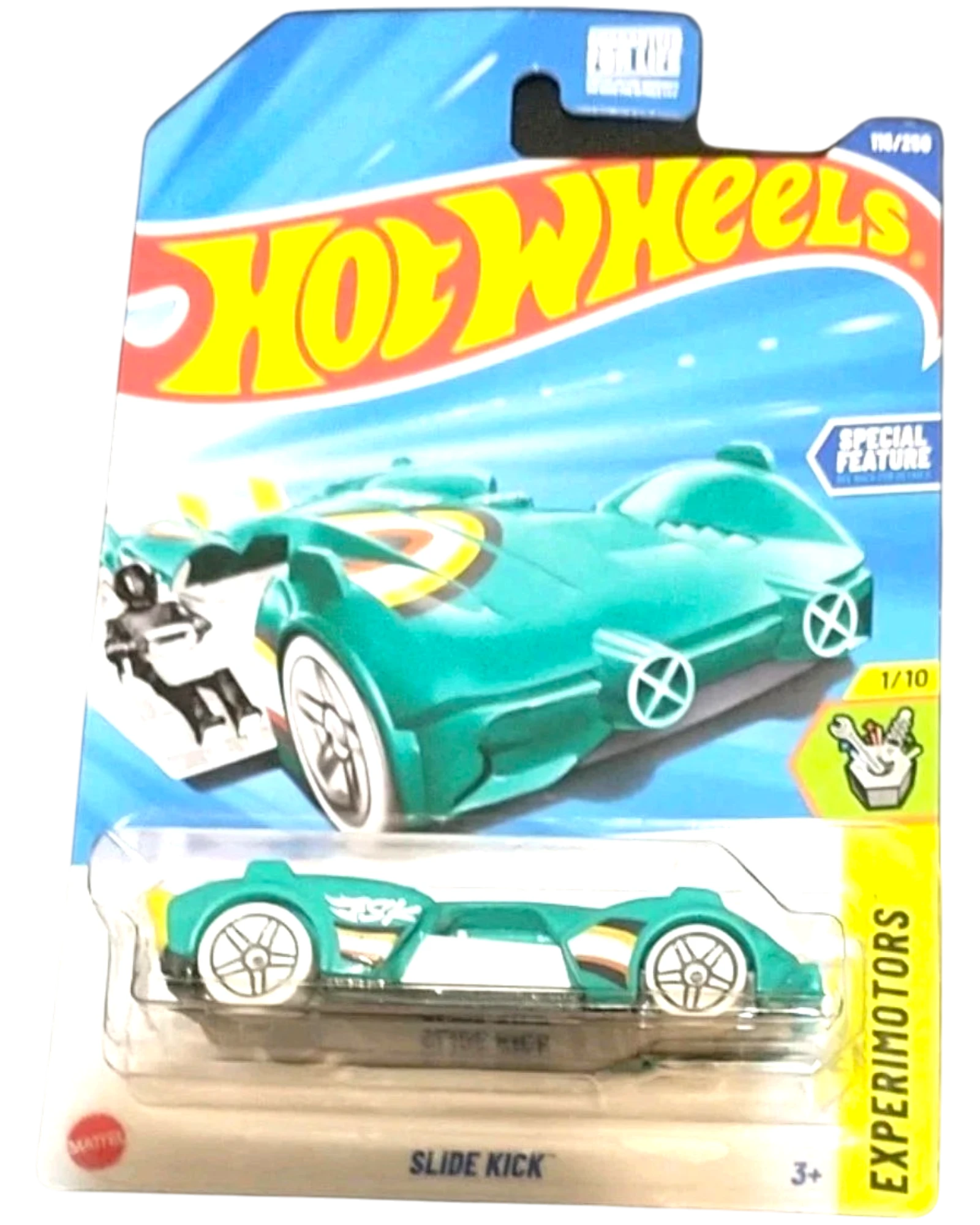 More Than Diecast Hot Wheels 1/64 scale teal Experimotors Slide Kick car with white wheels and yellow accents.