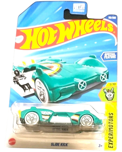 More Than Diecast Hot Wheels 1/64 scale teal Experimotors Slide Kick car with white wheels and yellow accents.