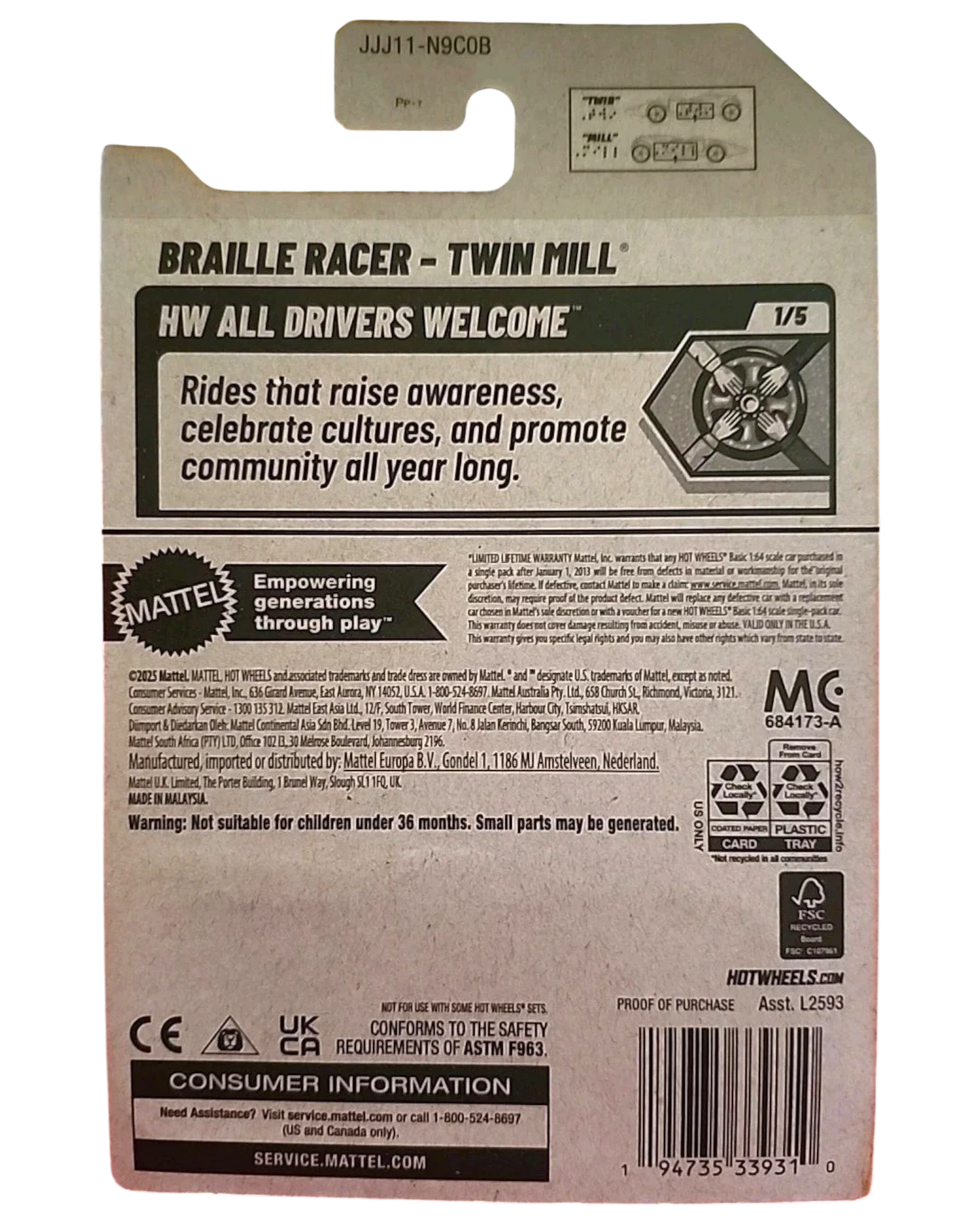 More Than Diecast Hot Wheels 2025 Twin Mill Braille Racer 1:64 die-cast vehicle with 'All Drivers Welcome' branding.