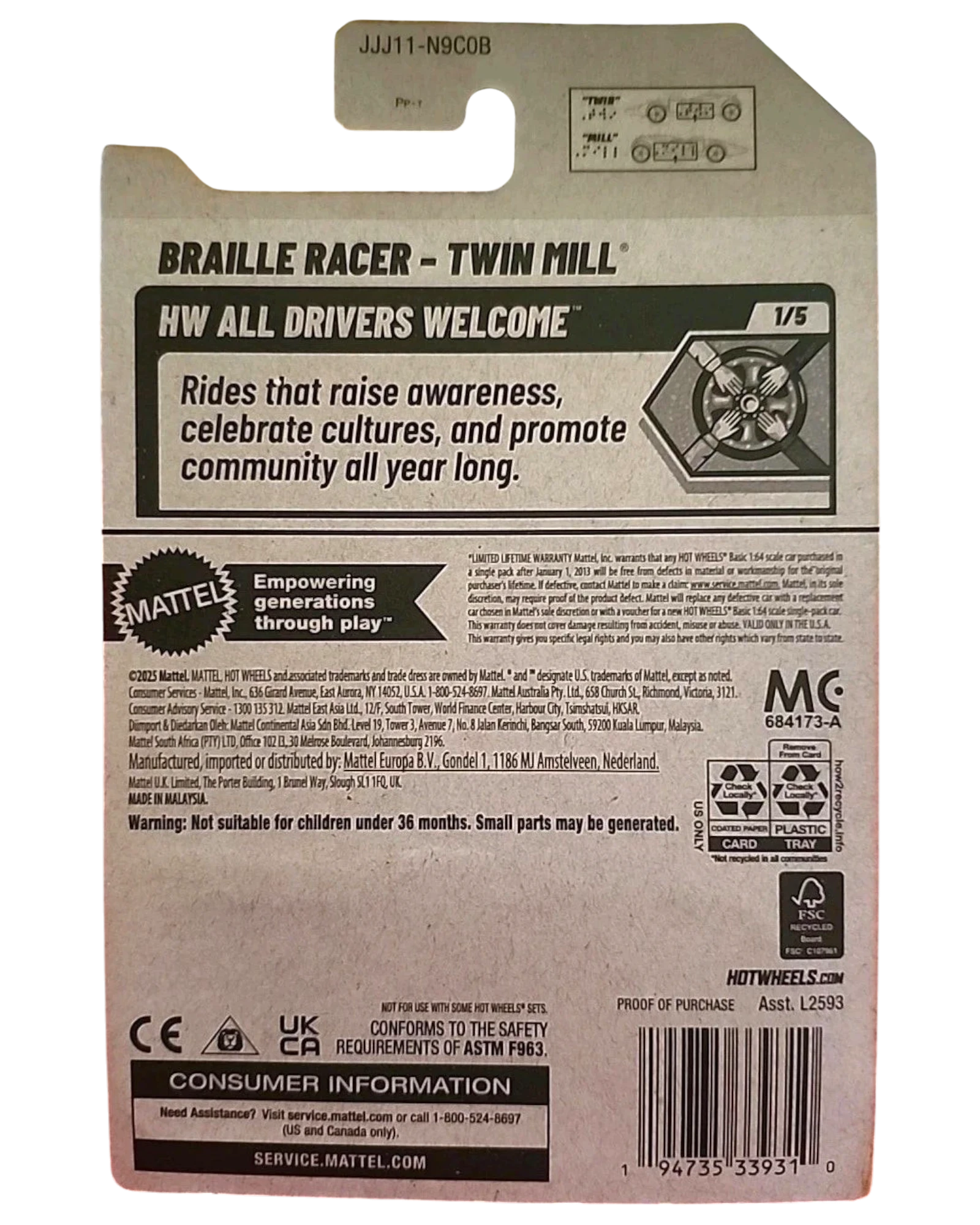 More Than Diecast Hot Wheels 2025 Twin Mill Braille Racer 1:64 die-cast vehicle with 'All Drivers Welcome' branding.