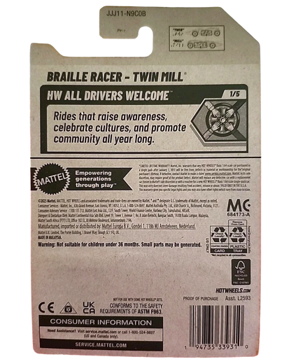 More Than Diecast Hot Wheels 2025 Twin Mill Braille Racer 1:64 die-cast vehicle with 'All Drivers Welcome' branding.