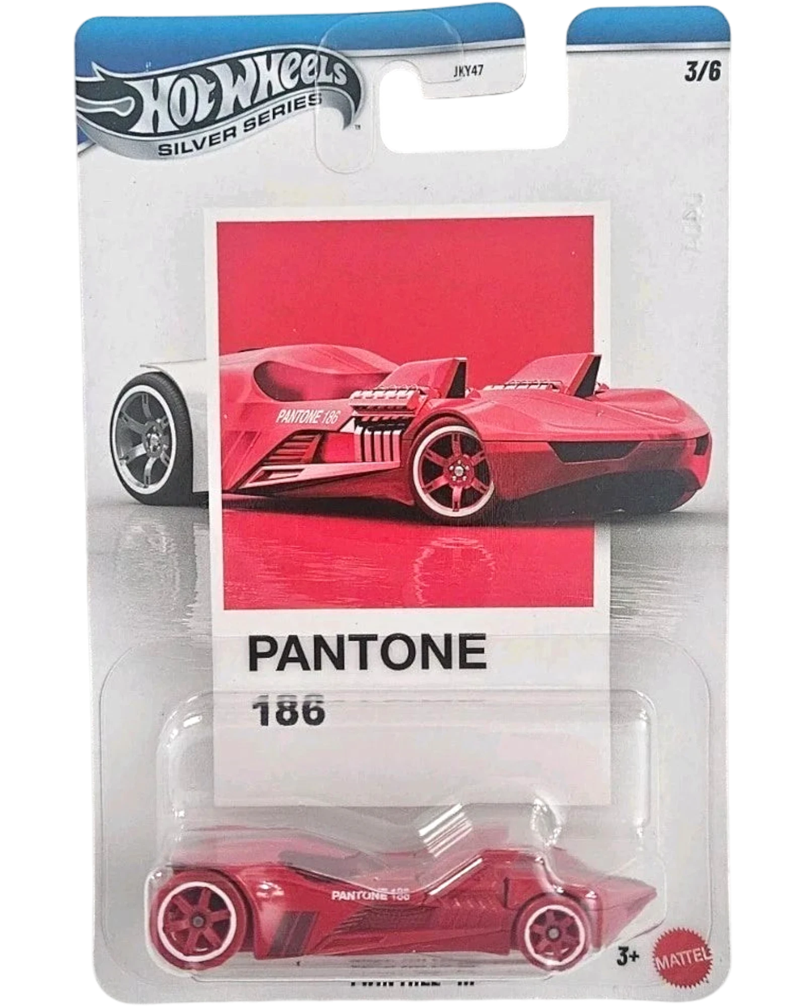 More Than Diecast Hot Wheels Silver Series Twin Mill III Pantone red 1:64 scale die-cast car in packaging.