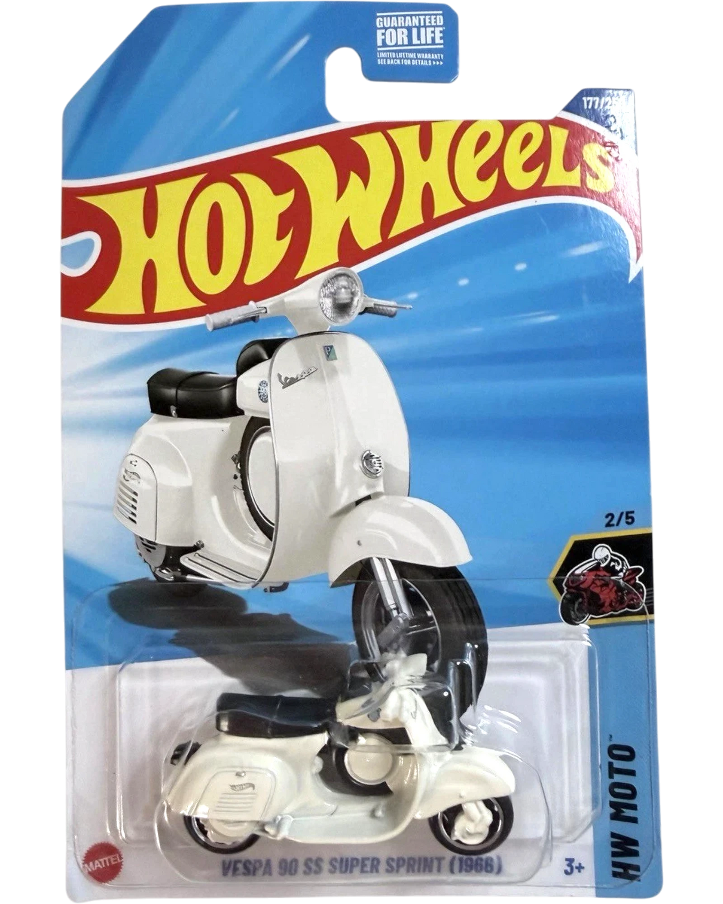 More Than Diecast Hot Wheels HW Moto Vespa 90 SS Super Sprint diecast model in white with black seat, in original packaging.