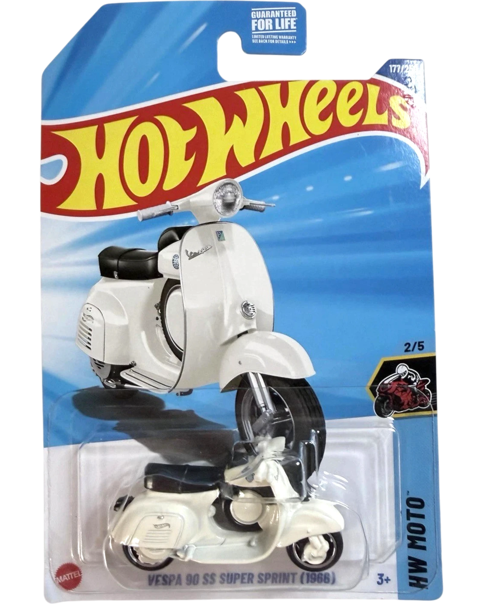 More Than Diecast Hot Wheels HW Moto Vespa 90 SS Super Sprint diecast model in white with black seat, in original packaging.