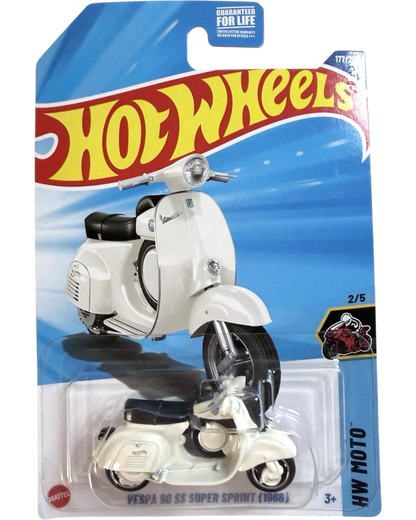 More Than Diecast Hot Wheels HW Moto Vespa 90 SS Super Sprint diecast model in white with black seat, in original packaging.