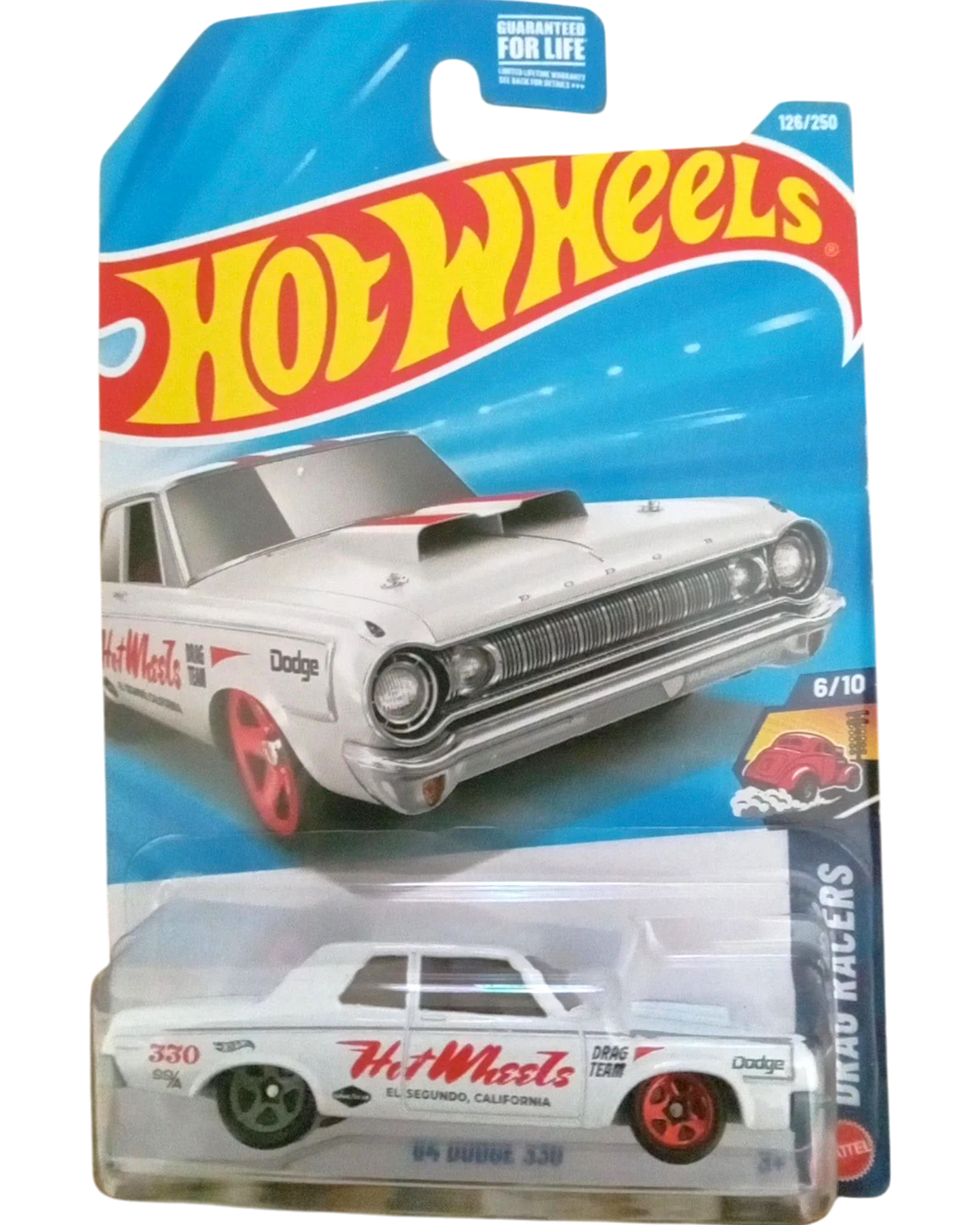 More Than Diecast Hot Wheels 2026 white '64 Dodge 330 Drag Racers edition die-cast car with red accents and racing decals.