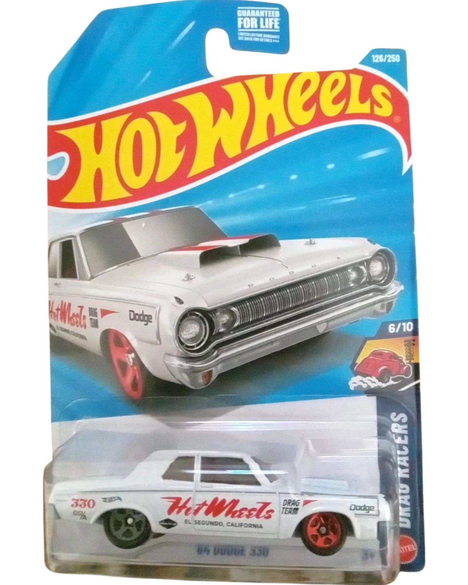 More Than Diecast Hot Wheels 2026 white '64 Dodge 330 Drag Racers edition die-cast car with red accents and racing decals.