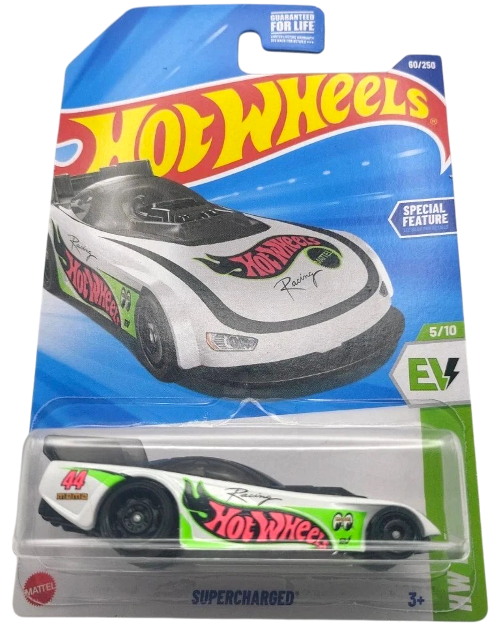 More Than Diecast Hot Wheels 2025 Supercharged EV die-cast car, white with green and pink Mooneyes graphics, on display card.