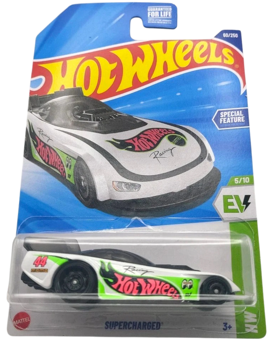 More Than Diecast Hot Wheels 2025 Supercharged EV die-cast car, white with green and pink Mooneyes graphics, on display card.