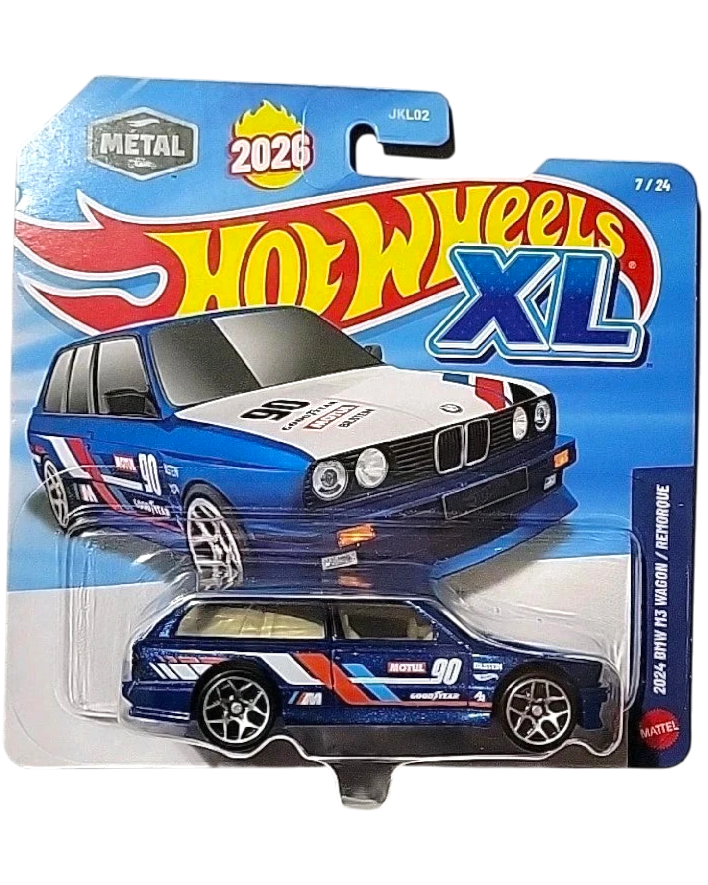 More Than Diecast 2026 Hot Wheels XL 2024 BMW M3 Wagon #7, blue die-cast car with white hood and racing decals.