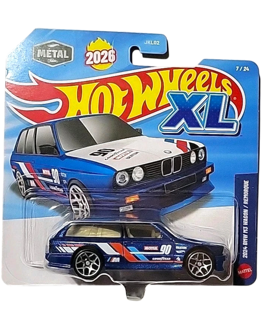 More Than Diecast 2026 Hot Wheels XL 2024 BMW M3 Wagon #7, blue die-cast car with white hood and racing decals.